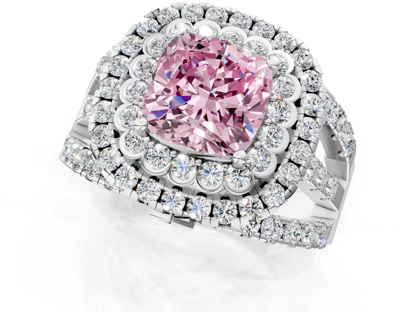 Platinum Cushion Cut Scalloped Double Halo Engagement Ring Setting for Fancy Pink Center