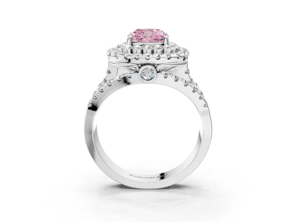 Platinum Cushion Cut Scalloped Double Halo Engagement Ring Setting for Fancy Pink Center