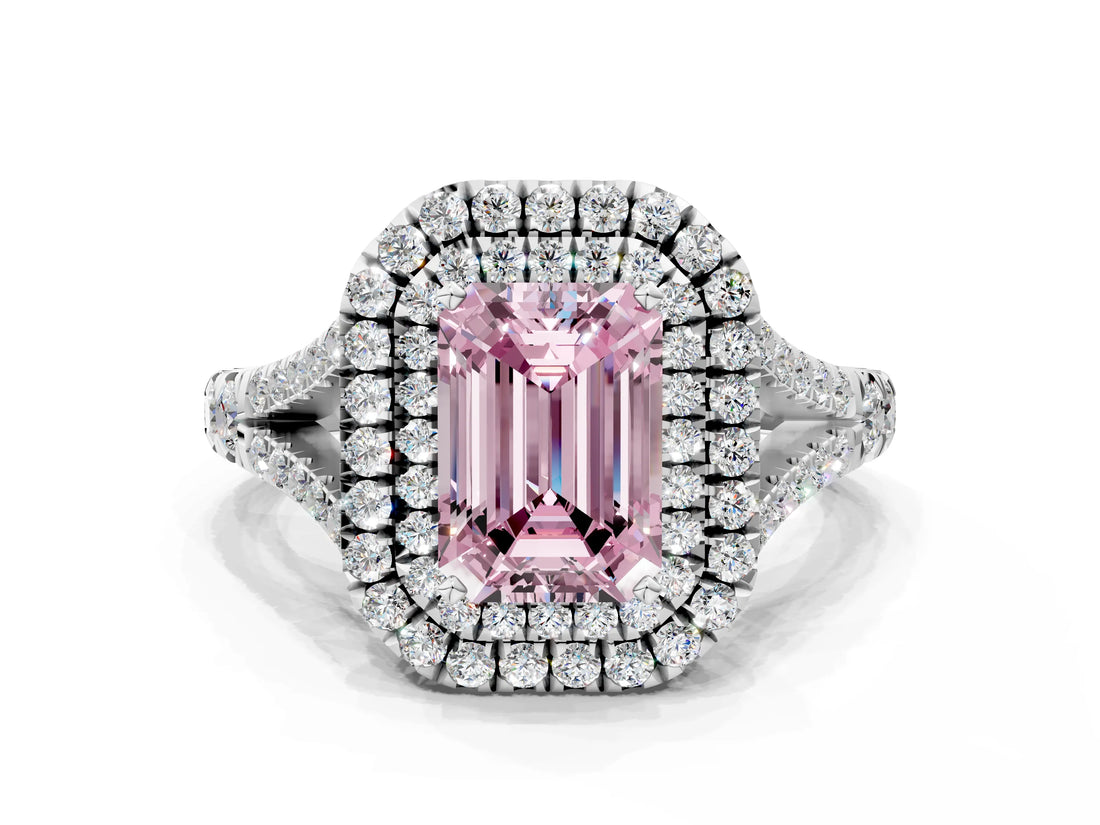 White gold Double Halo Fancy Pink Emerald Cut Diamond Split Shank Engagement Ring with Four-Prong Setting_27