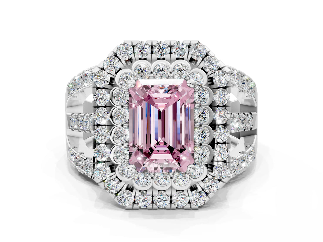 White gold Double Halo Fancy Pink Emerald Cut Diamond Split Shank Pave Set Ring_3