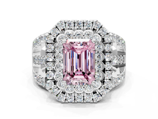 White gold Double Halo Fancy Pink Emerald Cut Diamond Split Shank Pave Set Ring