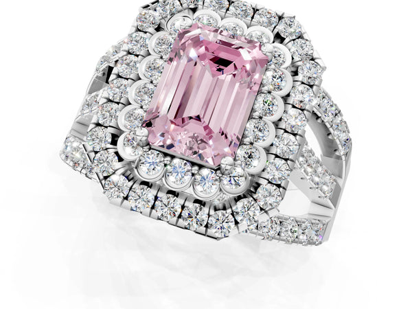White gold Double Halo Fancy Pink Emerald Cut Diamond Split Shank Pave Set Ring