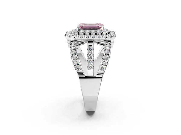 White gold Double Halo Fancy Pink Emerald Cut Diamond Split Shank Pave Set Ring