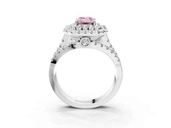 White gold Double Halo Fancy Pink Emerald Cut Diamond Split Shank Pave Set Ring