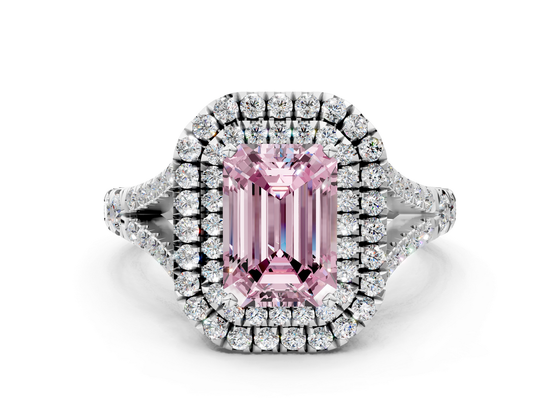 White gold Double Halo Fancy Pink Emerald  Cut Diamond Split Shank Ring with Four Prong Setting_20