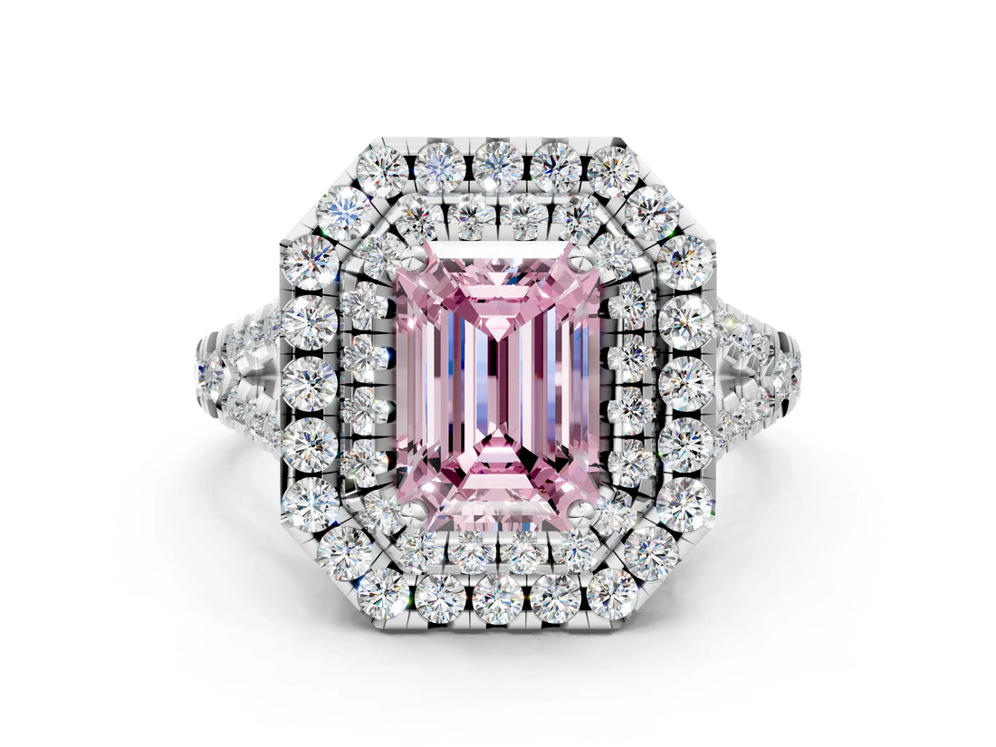 White gold Double Halo Fancy Pink Emerald  Cut Pave Split Shank Prong Set Ring_15