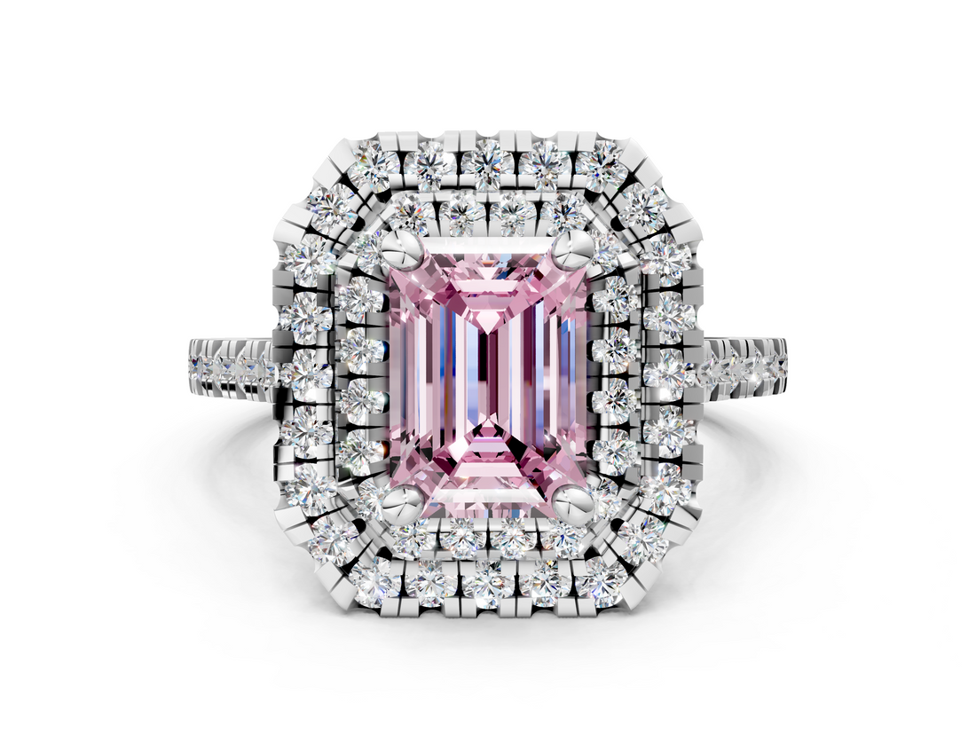 White gold Double Halo Fancy Pink Emerald  Diamond Pave Band with Four-Prong Setting_81