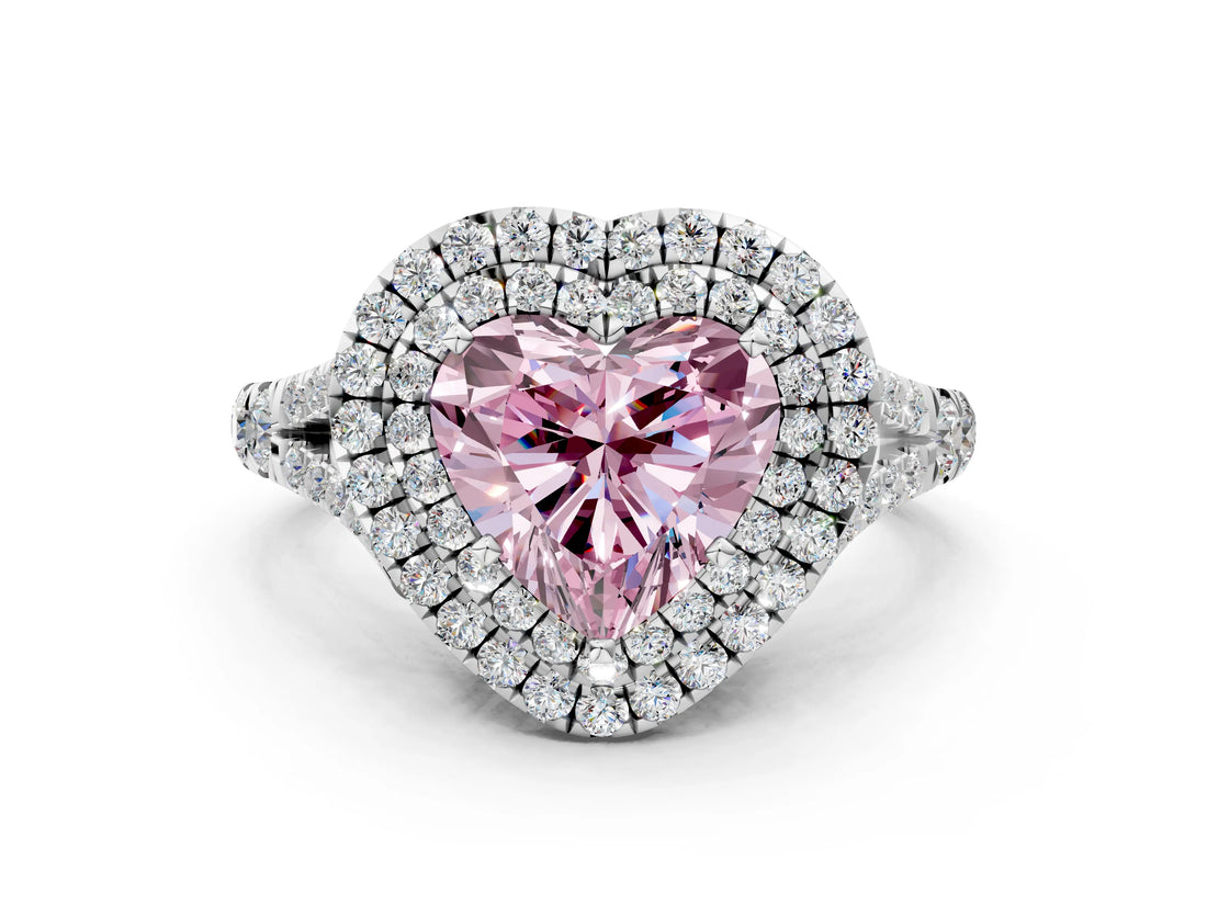 White gold Double Halo Fancy Pink Heart Cut Diamond Split Shank Engagement Ring with Four-Prong Setting_27