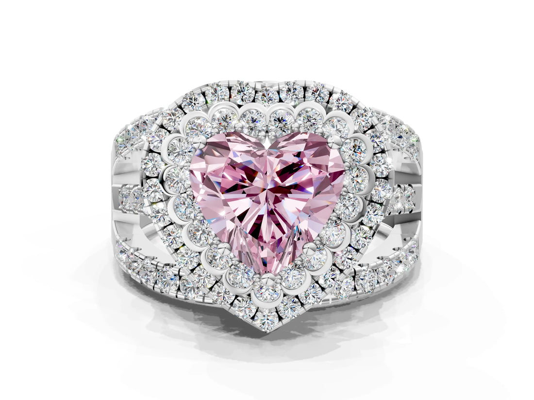 White gold Double Halo Fancy Pink Heart Cut Diamond Split Shank Pave Set Ring_3