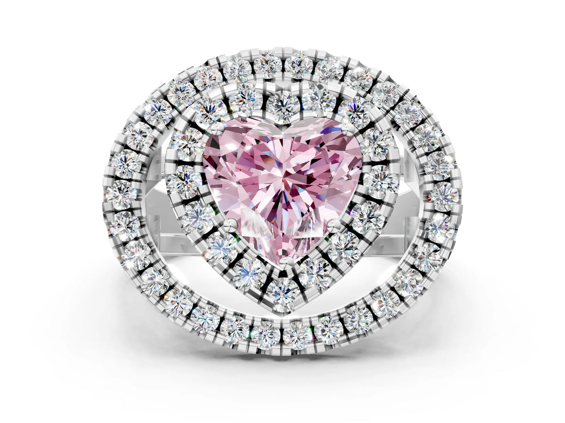 White gold Double Halo Fancy Pink Heart Cut Diamond Split Shank Prong Setting Ring