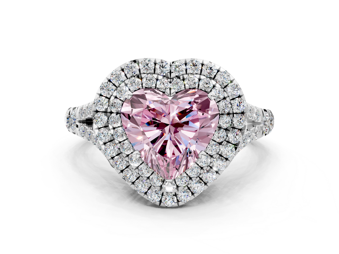 White gold Double Halo Fancy Pink Heart  Cut Diamond Split Shank Ring with Four Prong Setting_20