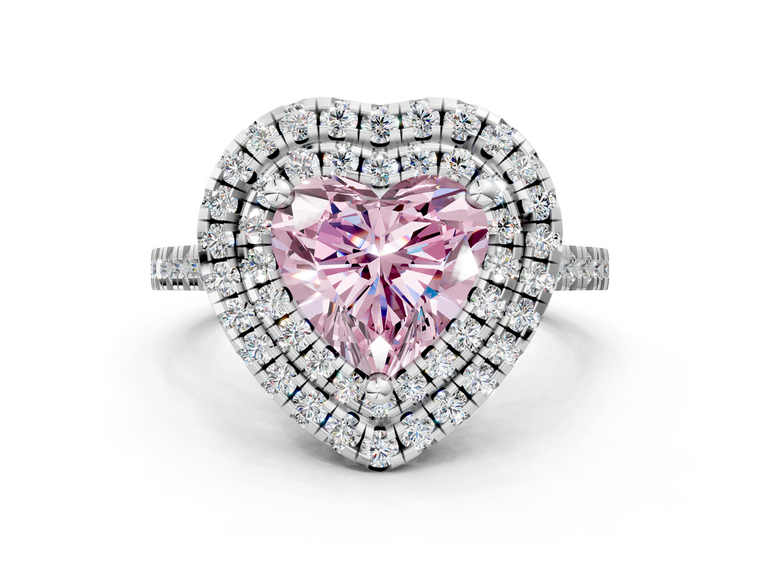 White gold Double Halo Fancy Pink Heart  Diamond Pave Band with Four-Prong Setting_81
