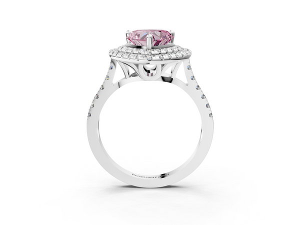 Platinum Double Halo Fancy Pink Heart Cut Diamond Pavé Band with Four-Prong Setting