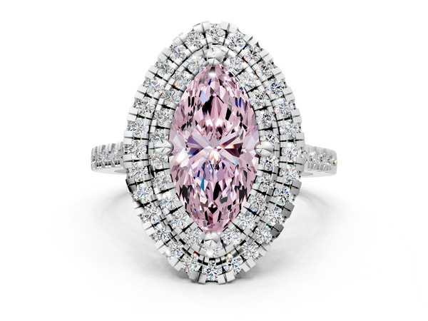 White gold Double Halo Fancy Pink Marquise Cut Diamond Pavé Band with Four-Prong Setting