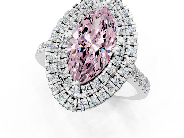 White gold Double Halo Fancy Pink Marquise Cut Diamond Pavé Band with Four-Prong Setting