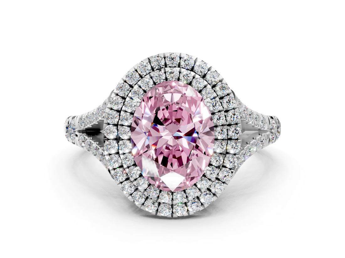White gold Double Halo Fancy Pink Oval  Cut Diamond Split Shank Ring with Four Prong Setting_20
