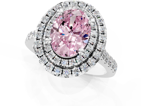 Platinum Double Halo Fancy Pink Oval Cut Diamond Pavé Band with Four-Prong Setting