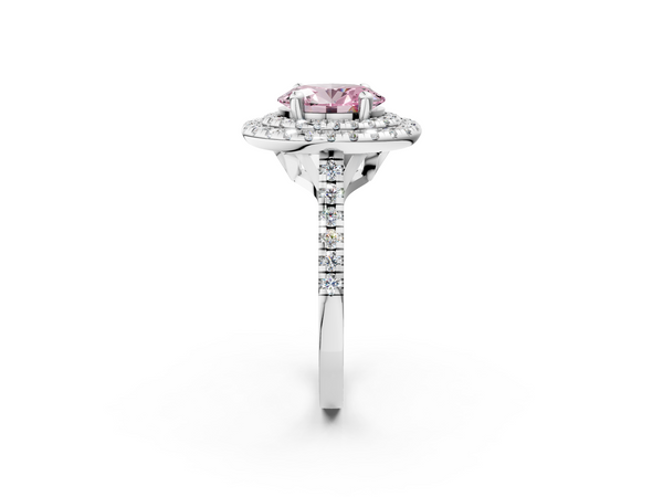 Platinum Double Halo Fancy Pink Oval Cut Diamond Pavé Band with Four-Prong Setting