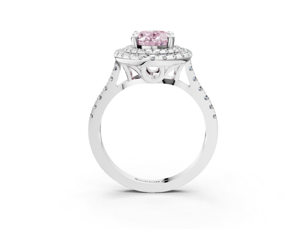 Platinum Double Halo Fancy Pink Oval Cut Diamond Pavé Band with Four-Prong Setting