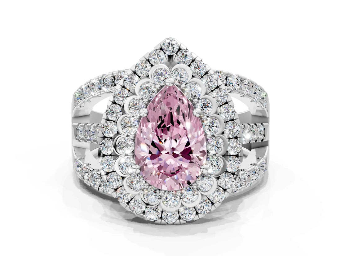 White gold Double Halo Fancy Pink Pear Cut Diamond Split Shank Pave Set Ring_3