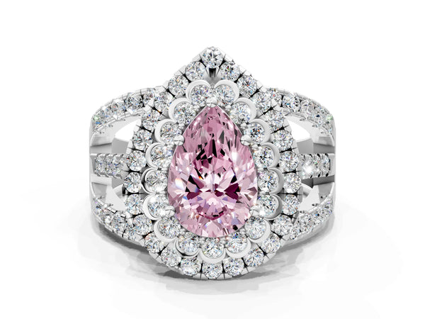 Platinum Pear-Shaped Scalloped Double Halo Engagement Ring Setting for Fancy Pink Center