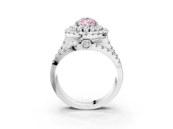 White Gold Pear-Shaped Scalloped Double Halo Engagement Ring Setting for Fancy Pink Center