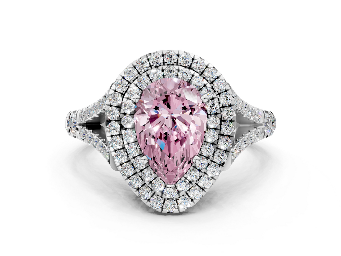 White gold Double Halo Fancy Pink Pear  Cut Diamond Split Shank Ring with Four Prong Setting_20