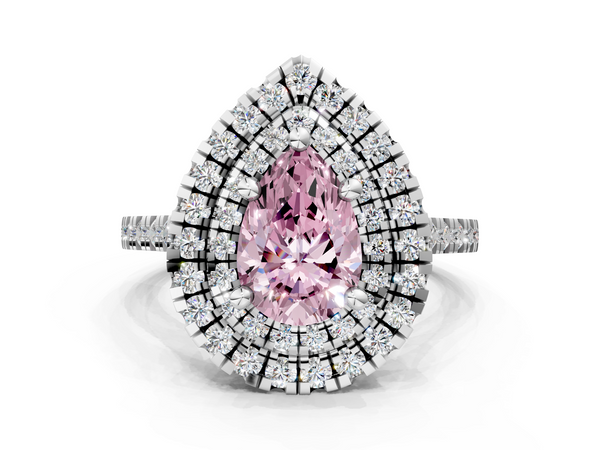 White gold Double Halo Fancy Pink Pear Cut Diamond Pavé Band with Four-Prong Setting