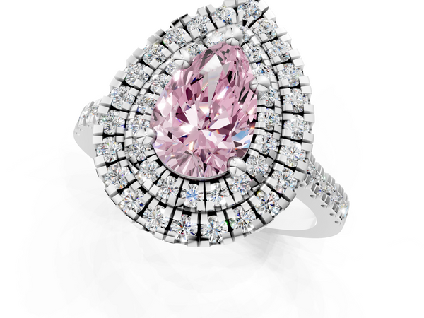 White gold Double Halo Fancy Pink Pear Cut Diamond Pavé Band with Four-Prong Setting