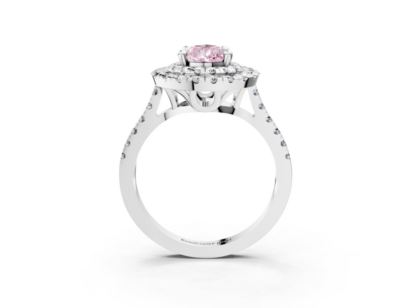 White gold Double Halo Fancy Pink Pear Cut Diamond Pavé Band with Four-Prong Setting