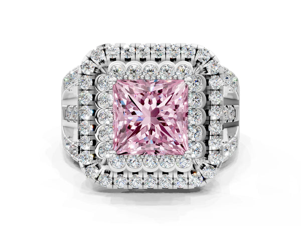 Platinum Double Halo Fancy Pink Princess Cut Diamond Split Shank Pave Set Ring