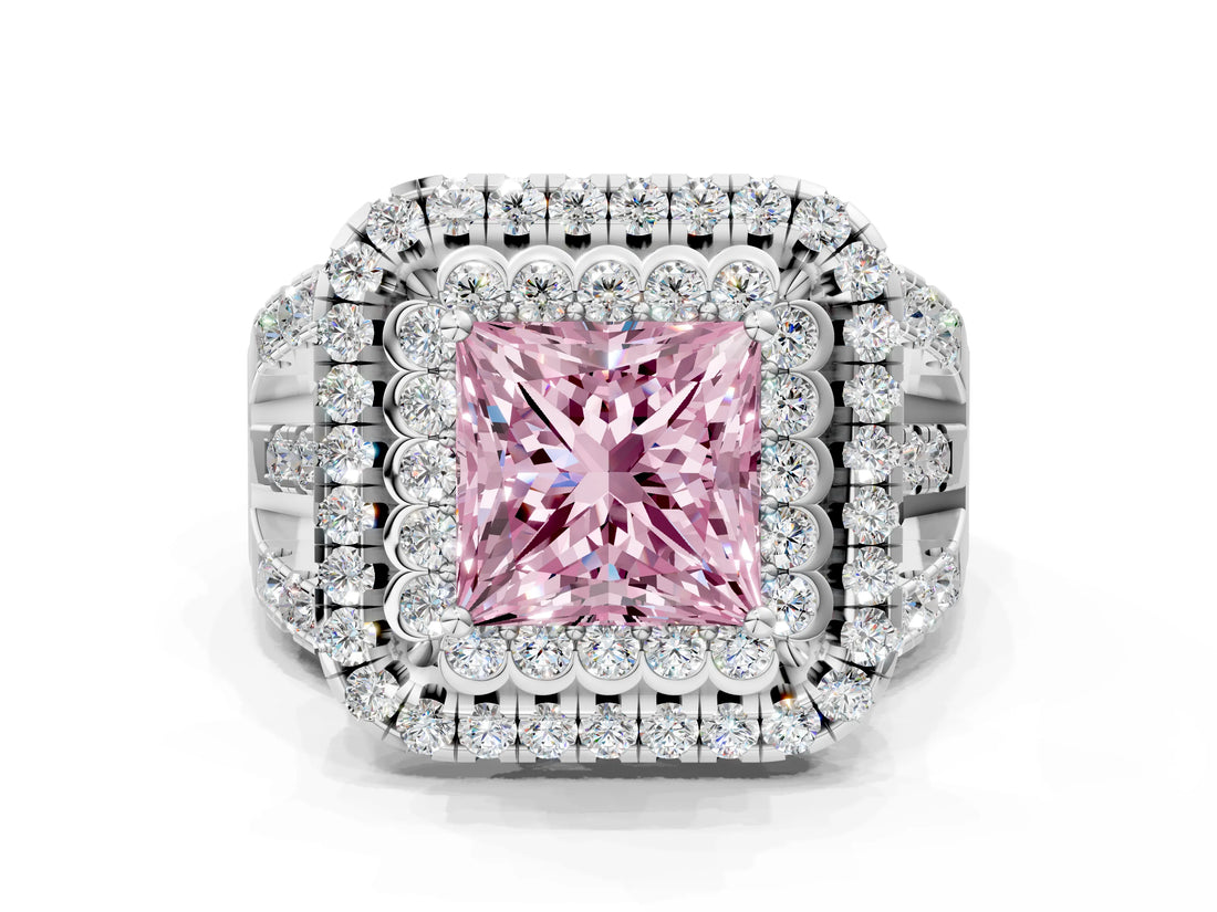 White gold Double Halo Fancy Pink Princess Cut Diamond Split Shank Pave Set Ring_3