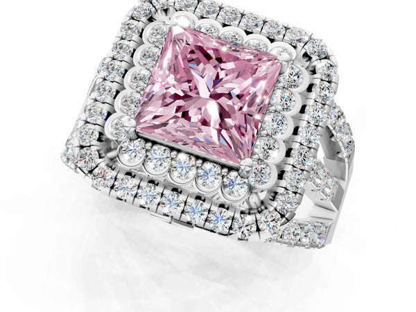 Platinum Double Halo Fancy Pink Princess Cut Diamond Split Shank Pave Set Ring
