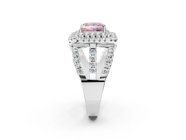 Platinum Double Halo Fancy Pink Princess Cut Diamond Split Shank Pave Set Ring