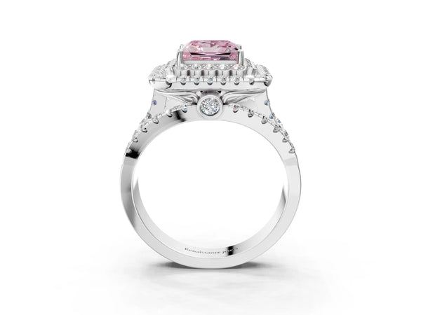 Platinum Double Halo Fancy Pink Princess Cut Diamond Split Shank Pave Set Ring