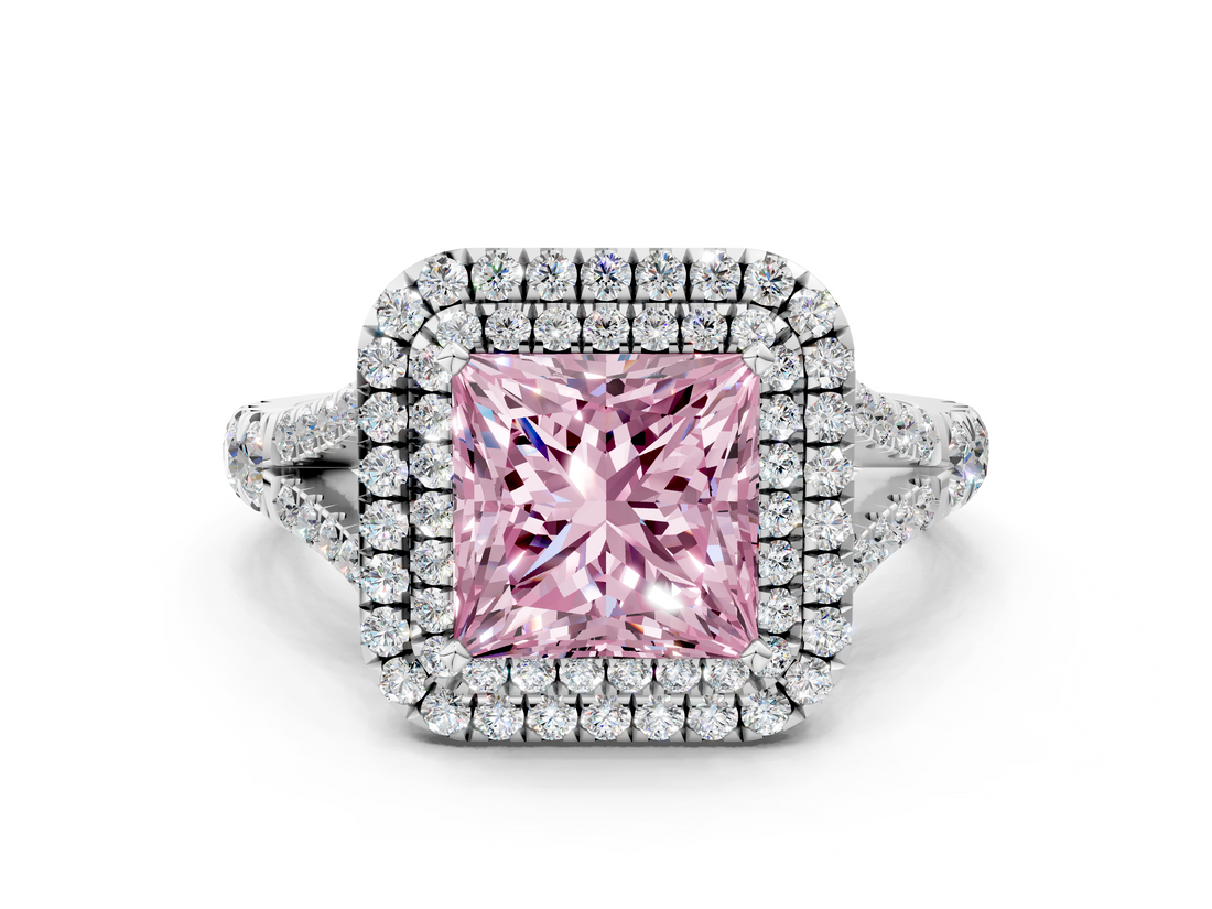 White gold Double Halo Fancy Pink Princess  Cut Diamond Split Shank Ring with Four Prong Setting
