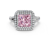White gold Double Halo Fancy Pink Princess  Cut Diamond Split Shank Ring with Four Prong Setting