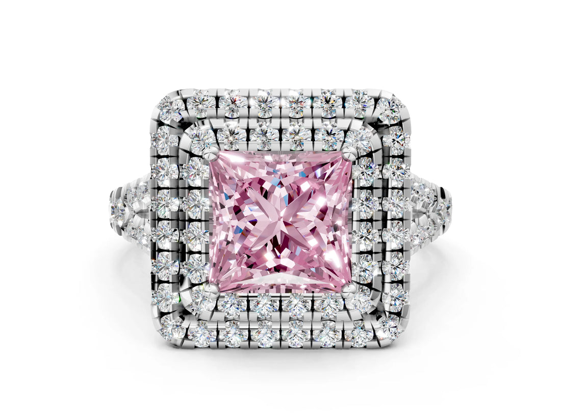 White gold Double Halo Fancy Pink Princess  Cut Pave Split Shank Prong Set Ring_15