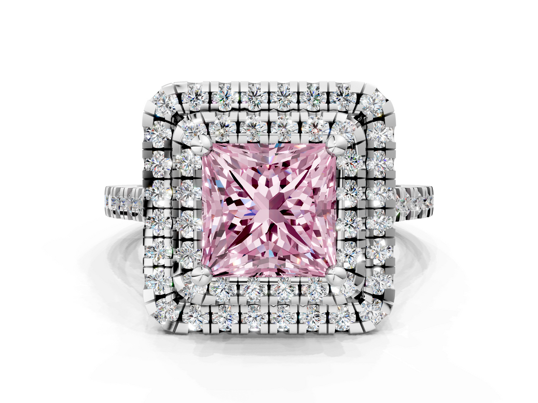 White gold Double Halo Fancy Pink Princess  Diamond Pave Band with Four-Prong Setting_17