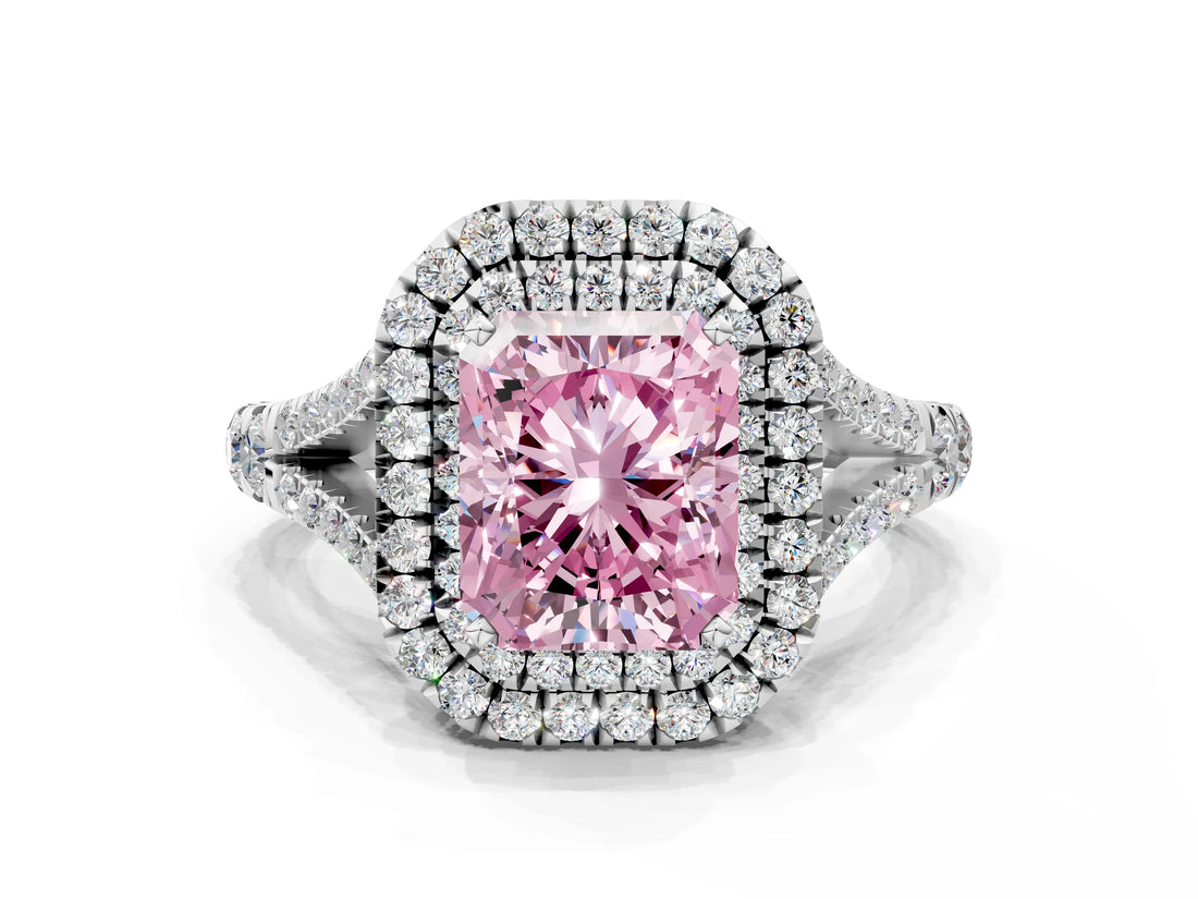 White gold Double Halo Fancy Pink Radiant Cut Diamond Split Shank Engagement Ring with Four-Prong Setting_27