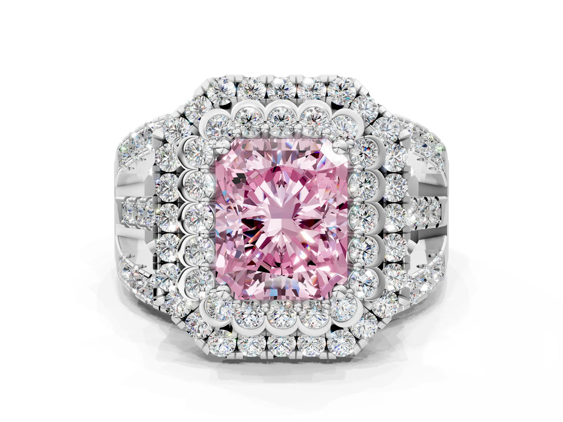 White gold Double Halo Fancy Pink Radiant Cut Diamond Split Shank Pave Set Ring_3