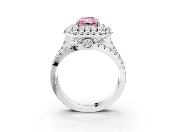 Sterling Silver Radiant Cut Scalloped Double Halo Engagement Ring Setting for Fancy Pink Center