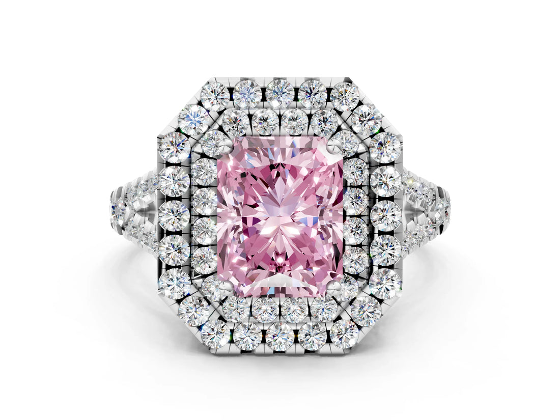 White gold Double Halo Fancy Pink Radiant  Cut Pave Split Shank Prong Set Ring_15