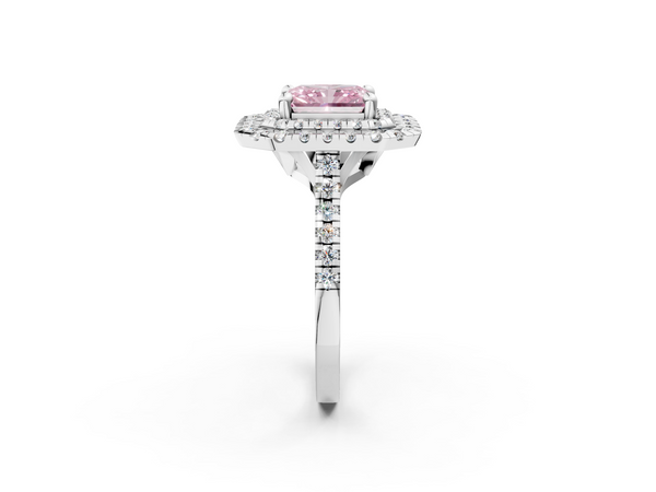 Platinum Double Halo Fancy Pink Radiant Cut Diamond Pavé Band with Four-Prong Setting