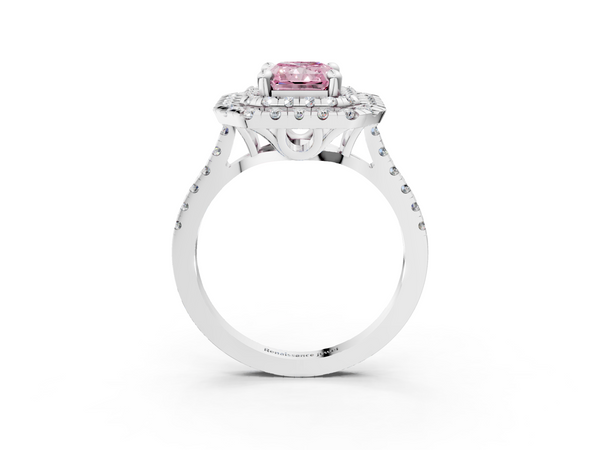 Platinum Double Halo Fancy Pink Radiant Cut Diamond Pavé Band with Four-Prong Setting