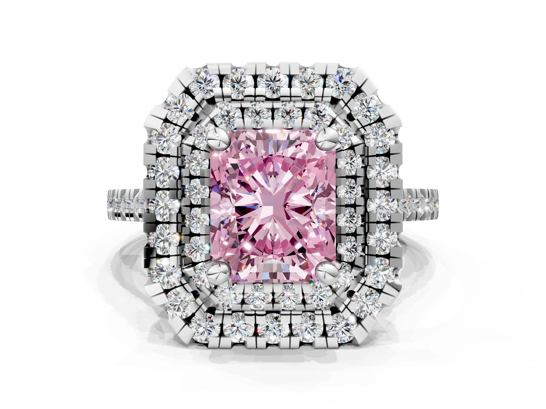 White gold Double Halo Fancy Pink Radiant  Diamond Pave Band with Four-Prong Setting_48