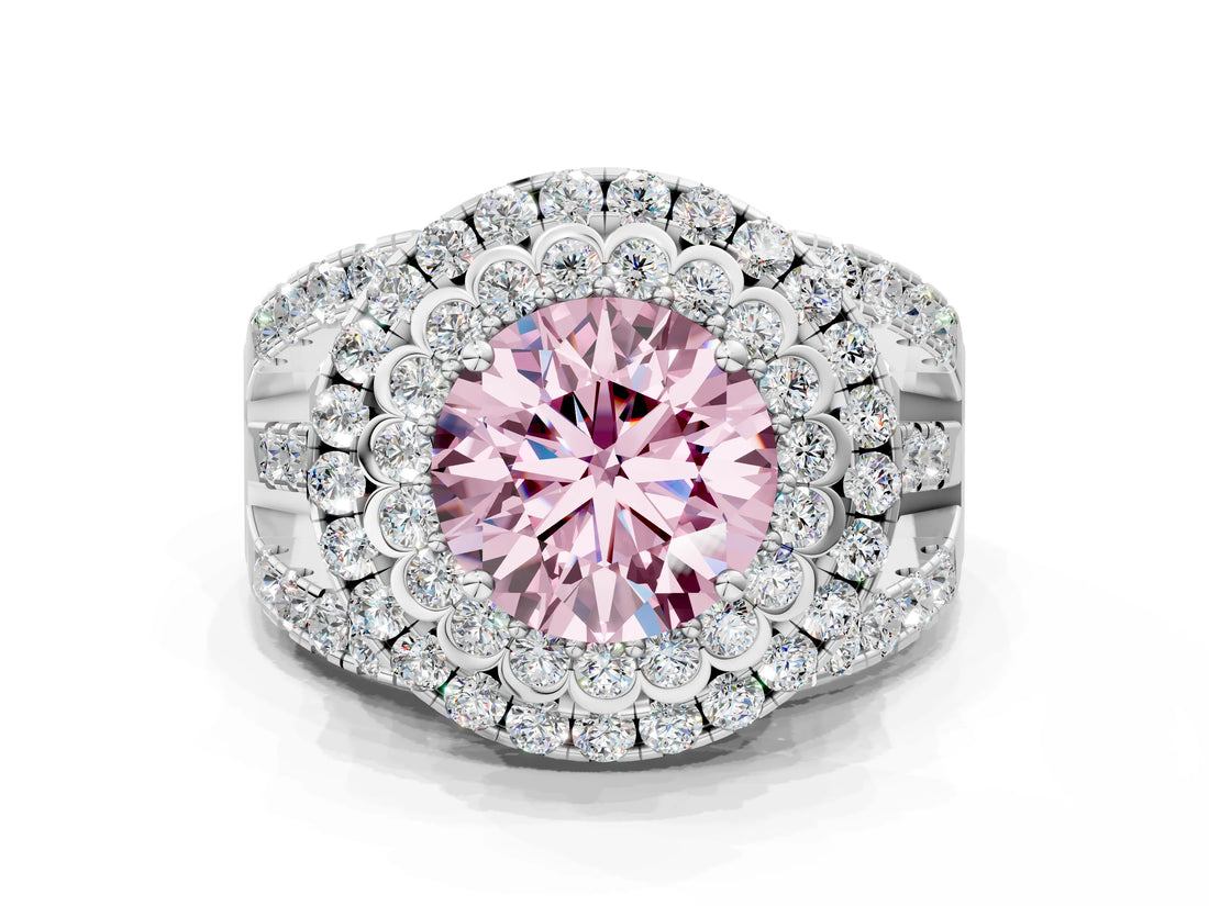 White gold Double Halo Fancy Pink Round Cut Diamond Split Shank Pave Set Ring_3