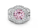 White gold Double Halo Fancy Pink Round Cut Diamond Split Shank Pave Set Ring_3