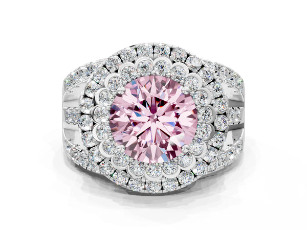 White gold Double Halo Fancy Pink Round Cut Diamond Split Shank Pave Set Ring