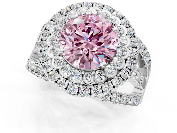 White gold Double Halo Fancy Pink Round Cut Diamond Split Shank Pave Set Ring